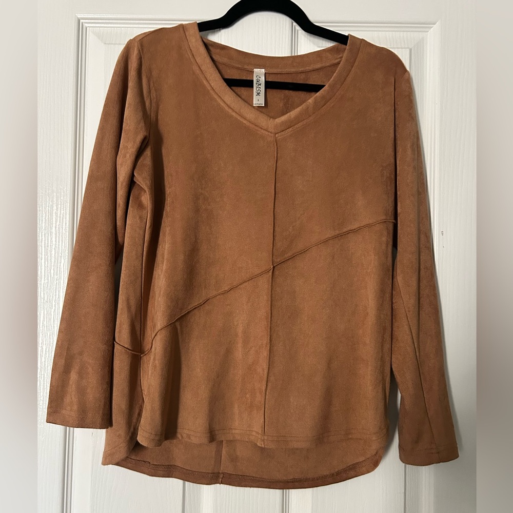 Casual Faux Suede Long Sleeve V-Neck Top